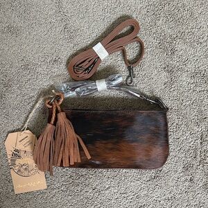CATCHFLY STUDIO Cowhide & Brown Leather Crossbody Clutch Bag with Tassels